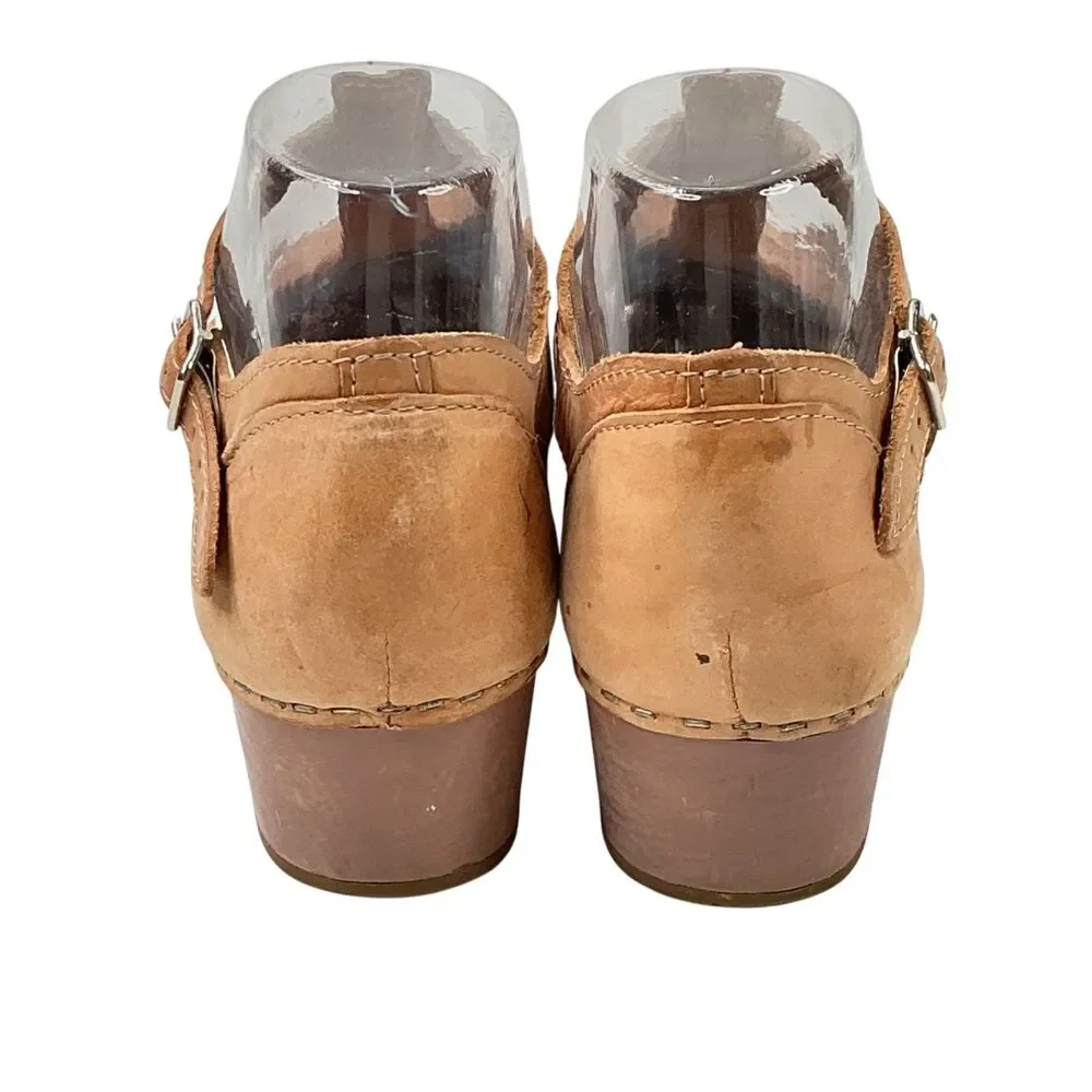 Toffel Swedish Clog Hasbeens T-Strap EU 38 Leather Wedge Heels Sandals Beige